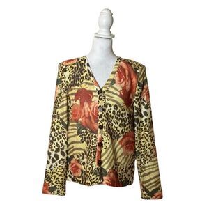 St John Marie Gray Padded Shoulder Cardigan Sweater Leopard Rose Print US S